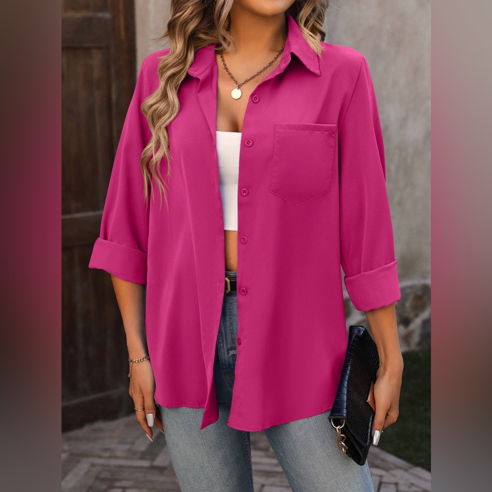 Button Down Long-Sleeved Shirt - Hot Pink